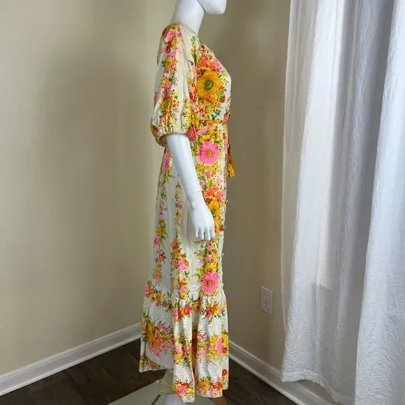 Vintage Miss Elaine Women Size S Floral Ruffle Maxi Dress 70s Retro Boho Peasant - Picture 14 of 17